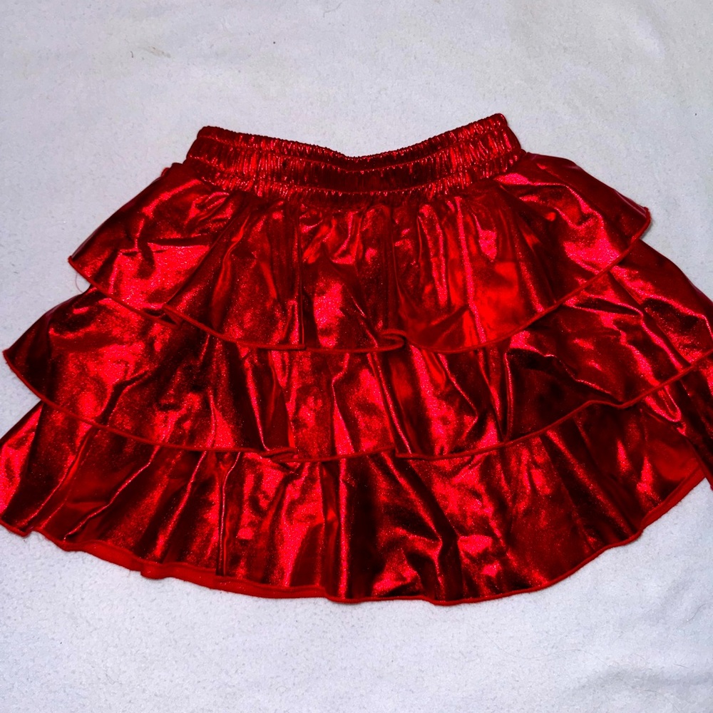 Red metallic ruffle skirt